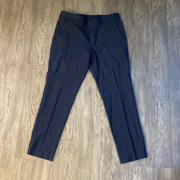 express blue dress pants Dark Blue Linen Cotton Pleated Tapered Dress Pant